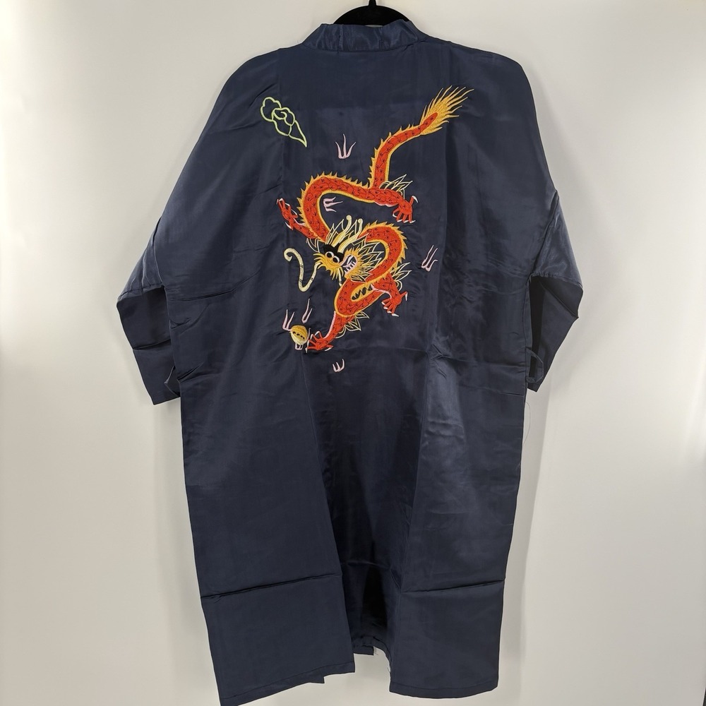 Vintage Peacock 100% Silk Kimono Golden Dragon Blue F1  Pockets No Belt